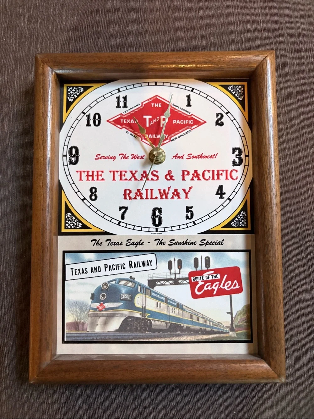 Texas & Pacific Railway Wall Clock Walnut Frame Quartz Railroad Decor Vintage